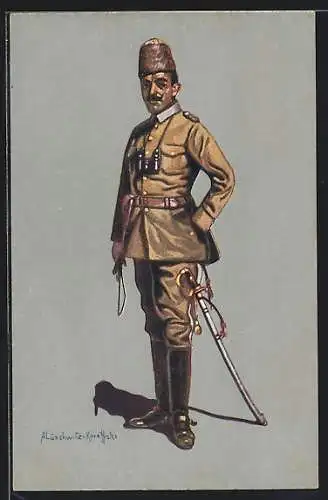Künstler-AK Türkischer Kavallerieoffizier in Felduniform (Khaki) 1914 /15
