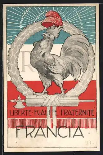 AK Francia, Liberté - Egalité - Fraternité, Hahn im Ehrenkranz