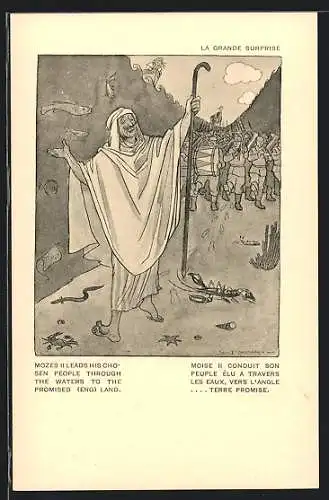 Künstler-AK Louis Raemaekers: Kaiser Wilhelm II. als Moses verkleidet, teilt das Meer für deutsche Soldaten