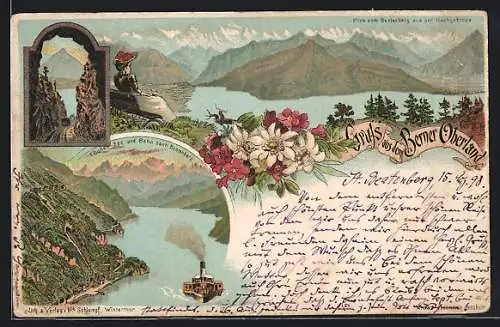Lithographie Beatenberg /Berner Oberland, Dampfer auf Thuner-See und Bahn, Blick auf das Hochgebirge
