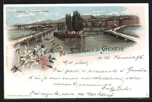 Lithographie Geneve, Panorama et le Mont-Blanc