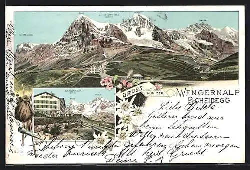 Lithographie Kleine Scheidegg, Panorama der Wengeralp mit Strasse und Gebäuden, Gasthaus mit Eiger und Mönch