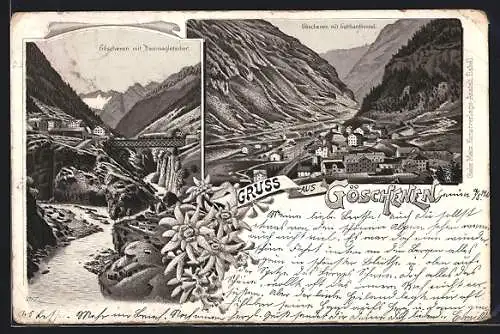 Lithographie Göschenen, Ortsansicht mit Dammagletscher und Gotthardtunnel