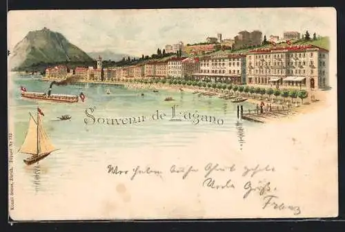 Lithographie Lugano, Hafenpartie mit Hotel Walter