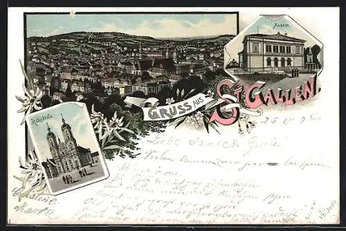 Lithographie St. Gallen, Teilansicht, Kathedrale, Museum