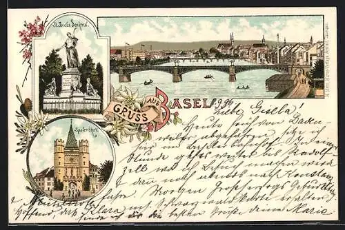 Lithographie Basel, St. Jacobs Denkmal, Spalenthor, Ortsansicht