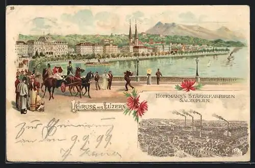 Lithographie Luzern, Kutsche und Flaneure am Wasser, Reklame Hoffmanns Stärkefabriken