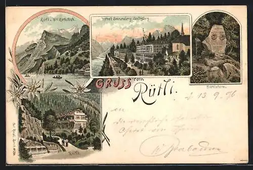 Lithographie Rütli, Hotel Sonnenberg, Rütlistein, Ortsansicht von Uri Rothstock