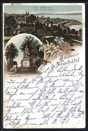 Lithographie Neuchâtel, Statue David de Pury, Vue Générale