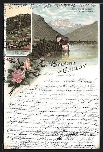 Lithographie Chillon, Le Château et la Dent du Midi, Territet-Glion, Le Funiculaire