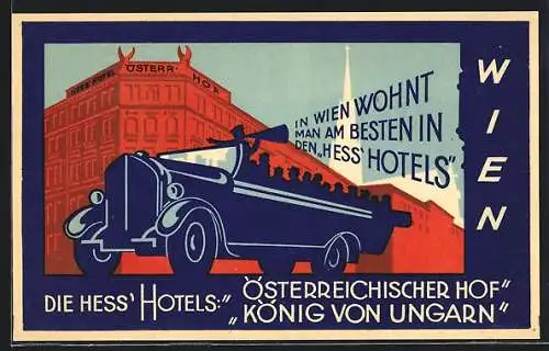 AK Wien I, Die Hess` Hotels: Österreichischer Hof u. König von Ungarn, Omnibus mit Fahrgästen