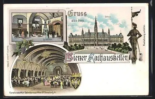 Lithographie Wien, Rathauskeller, Rathaus, Innenansichten Ratskeller u. Ratsstüberl