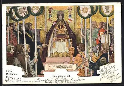 Künstler-AK Wien, Rathaus-Keller, Darstellung Huldigungsbild, die goldene Krone