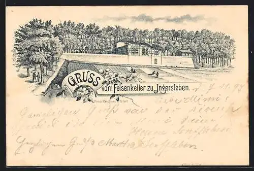 Lithographie Ingersleben, Gasthaus Felsenkeller aus der Ferne
