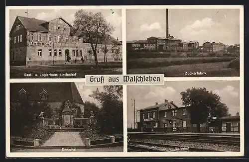 AK Walschleben, Gast- u. Logierhaus Lindenhof Paul Müller, Zuckerfabrik, Bahnhof, Denkmal