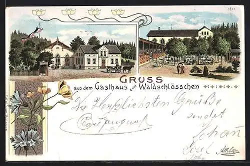 Lithographie Seifhennersdorf, Gasthaus zum Waldschlösschen, Strassen- und Gartenansicht