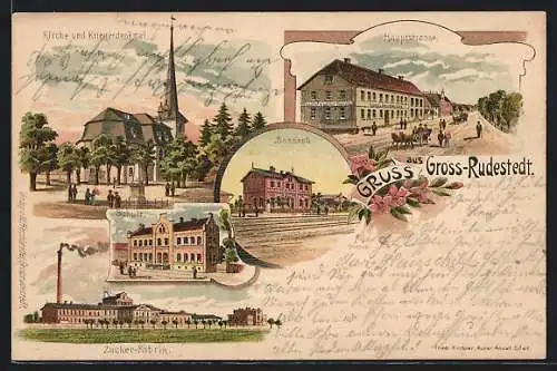 Lithographie Gross-Rudestedt, Haupstrasse mit Gasthof von Oskar Maessing, Zucker-Fabrik, Bahnhof, Schule