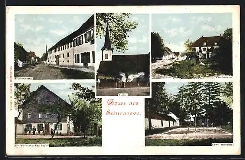 AK Schwansee / Thür., Gasthaus Paul Appolt, Oberförsterei, Lawn Tennisplatz