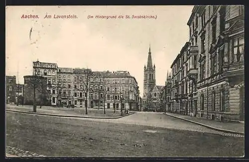 AK Aachen, Strasse am Lavenstein, Im Hintergrund die St. Jacobskirche