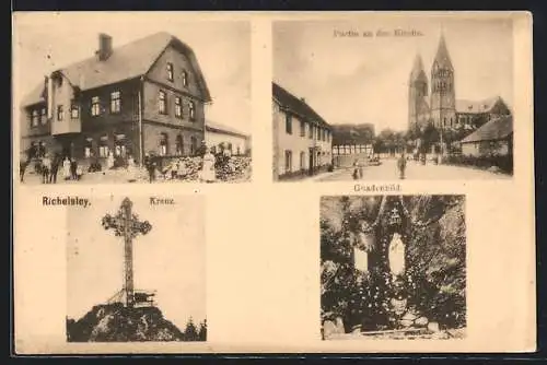 AK Kalterherberg, Gasthaus, Strassenpartie an der Kirche, Richelsley-Kreuz und Gnadenbild