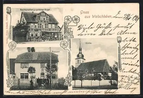 Passepartout-AK Walschleben, Gasthaus zur goldenen Kugel mit Kutsche, Postamt und Kirche