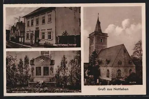 AK Nottleben, Geschäftshaus Holland, Kirche, Kriegerdenkmal