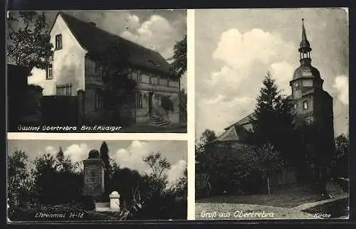 AK Obertrebra bei Apolda, Gasthof Obertrebra F. Rüdiger, Ehrendenkmal 14-18, Kirche