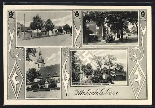 AK Walschleben, Kirche, Strassenpartie, Auto fährt durch den Ort