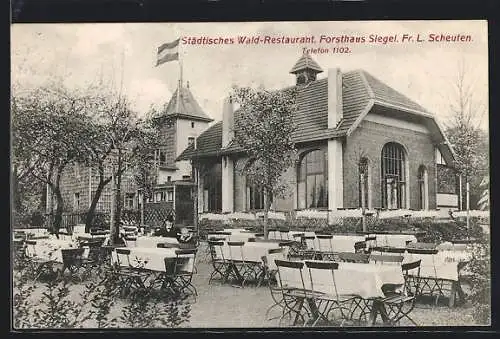 AK Aachen, Städtisches Wald-Restaurant Forsthaus Siegel Fr. L. Scheuten, Gartenansicht