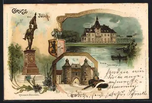 Lithographie Jülich, Kreis-Ständehaus im Mondschein, Kriegerdenkmal, Wappen