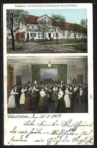 AK Walschleben, Gasthaus und Fleischerei z. Lindenhof, Gebäudeansicht, Tanzsaal, Bes. O. Müller