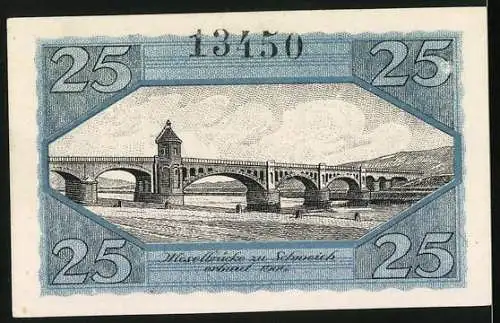 Notgeld Schweich 1920, 25 Pfennig, Moselbrücke zu Schweich erbaut 1906