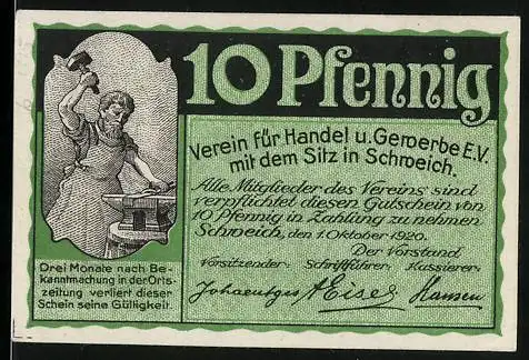 Notgeld Schweich 1902, 10 Pfennig, Alter Fährturm auf der linken Moselseite, Schmied bei der Arbeit