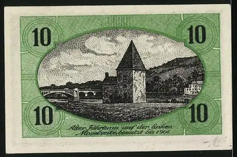 Notgeld Schweich 1902, 10 Pfennig, Alter Fährturm auf der linken Moselseite, Schmied bei der Arbeit