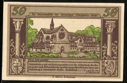 Notgeld Heisterbach / Siebengebirge 1921, 50 Pfennig, Gesamtansicht der ehem. Zisterzienser-Kirche
