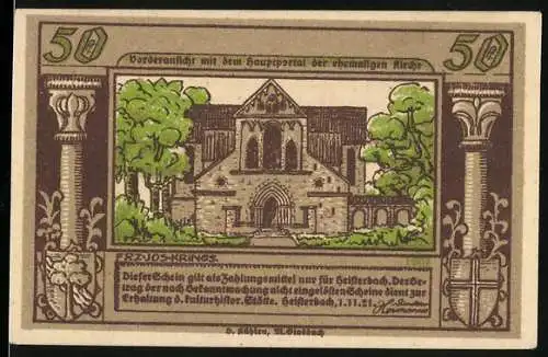 Notgeld Heisterbach / Siebengebirge 1921, 50 Pfennig, Vorderansicht mit dem Hauptportal der ehemaligen Kirche