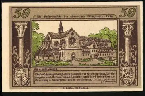 Notgeld Heisterbach / Siebengebirge 1921, 50 Pfennig, Gesamtansicht der ehem. Zisterzienser-Kirche