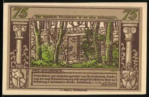 Notgeld Heisterbach / Siebengebirge 1921, 75 Pfennig, Das sagenhafte Mönchstörchen in der alten Klostermauer