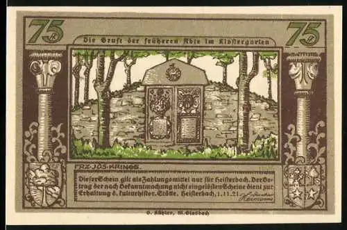 Notgeld Heisterbach / Siebengebirge 1921, 75 Pfennig, Die Gruft der früheren Abte im Klostergarten