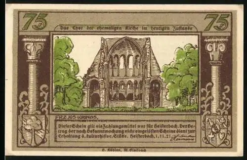 Notgeld Heisterbach / Siebengebirge 1921, 75 Pfennig, Chor der ehemaligen Kirche im heutigen Zustande