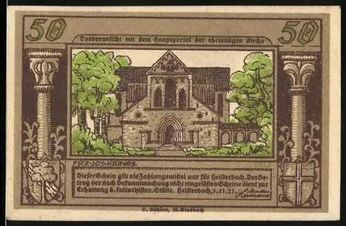 Notgeld Heisterbach / Siebengebirge 1921, 50 Pfennig, Vorderansicht mit dem Hauptportal de ehemaligen Kirche