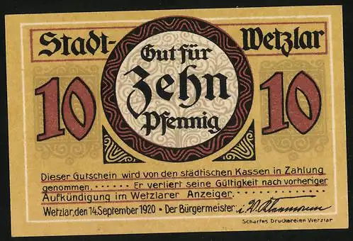 Notgeld Wetzlar 1920, 10 Pfennig, Fabrikanlage und Optische Geräte, Mikroskop und Fernglas