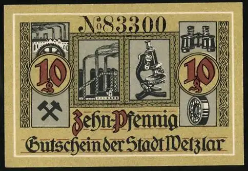 Notgeld Wetzlar 1920, 10 Pfennig, Fabrikanlage und optische Geräte, Mikroskop und Fernglas