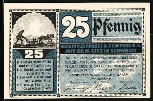 Notgeld Schweich 1921, 25 Pfennig, Schweicher Fähre und Bauer bei der Feldarbeit