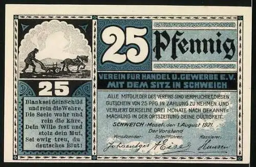 Notgeld Schweich 1921, 25 Pfennig, Schweicher Fähre und Bauer bei der Feldarbeit