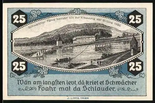 Notgeld Schweich 1921, 25 Pfennig, Schweicher Fähre und Bauer bei der Feldarbeit