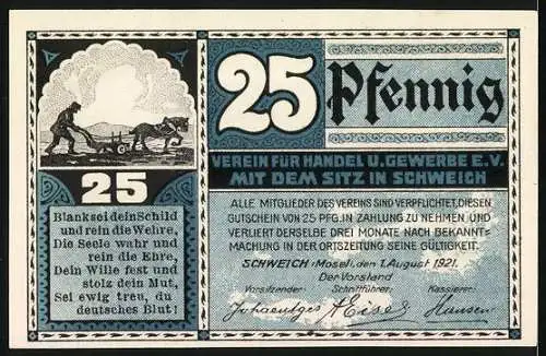 Notgeld Schweich 1921, 25 Pfennig, Schweicher Fähre und Bauer bei der Feldarbeit