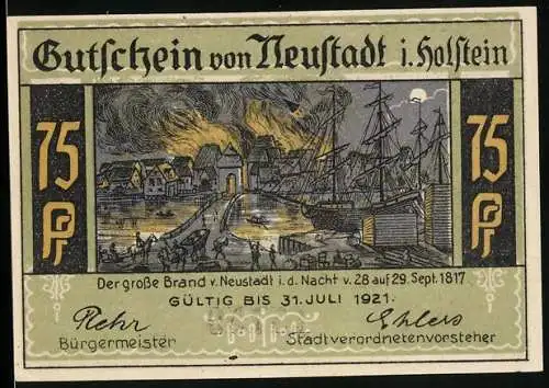 Notgeld Neustadt in Holstein 1921, 75 Pfennig, Der grosse Brand 1817, Kremper Strasse und -Tor