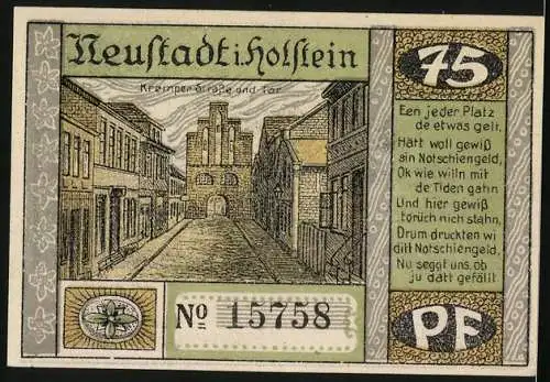 Notgeld Neustadt in Holstein 1921, 75 Pfennig, Der grosse Brand 1817, Kremper Strasse und -Tor