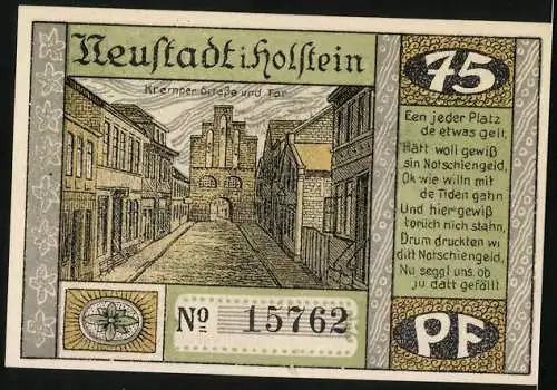 Notgeld Neustadt in Holstein 1921, 75 Pfennig, Der grosse Brand 1817, Kremper Strasse und -Tor